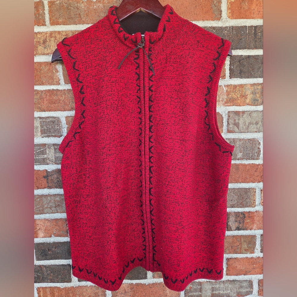 Christopher & Banks Women's Red Black Sleeveless Zip-Up Hand Embroidered Vest XL